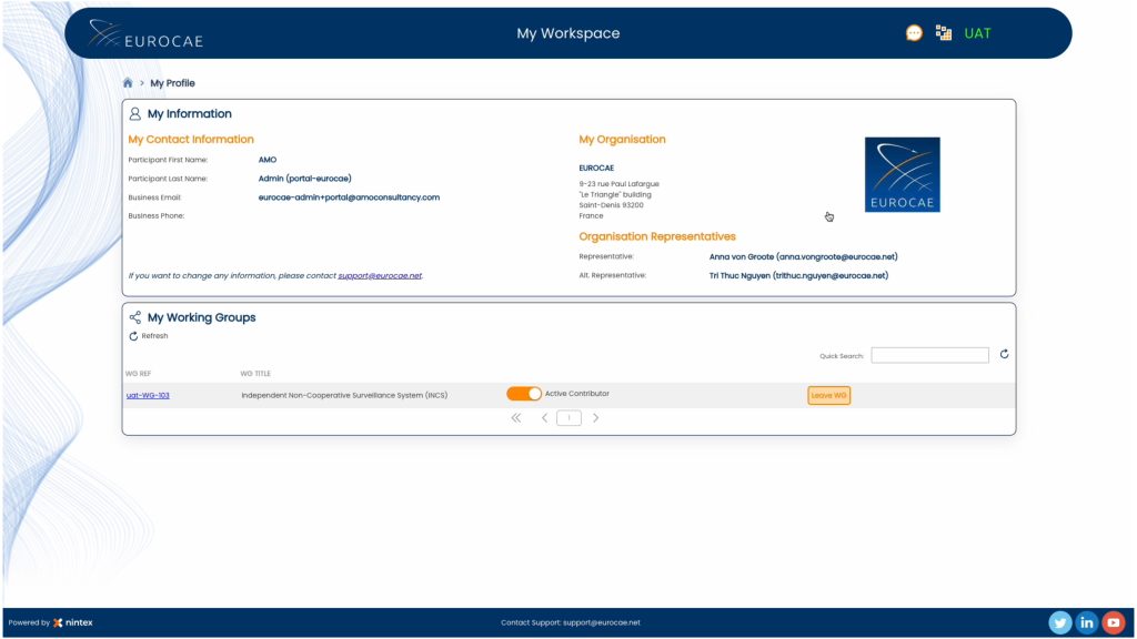 A screenshot of a user profile page in the EUROCAE Hub, showing the user's name, title, organisation, and contact details.