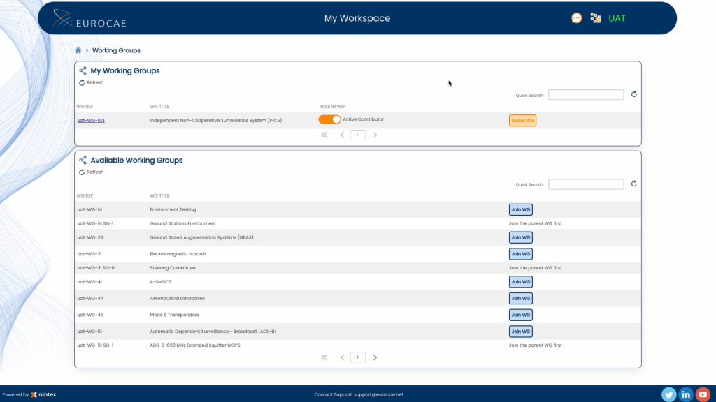 A screenshot of a Working Group workplace in the EUROCAE Hub, showing the group's details and tabs for navigating to members, documents, meetings, and consultations.