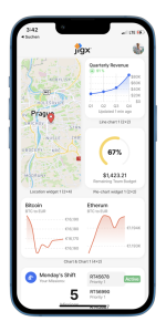 Mobile app screenshot built on Jigx framework. AMO Consultancy Services LTD
